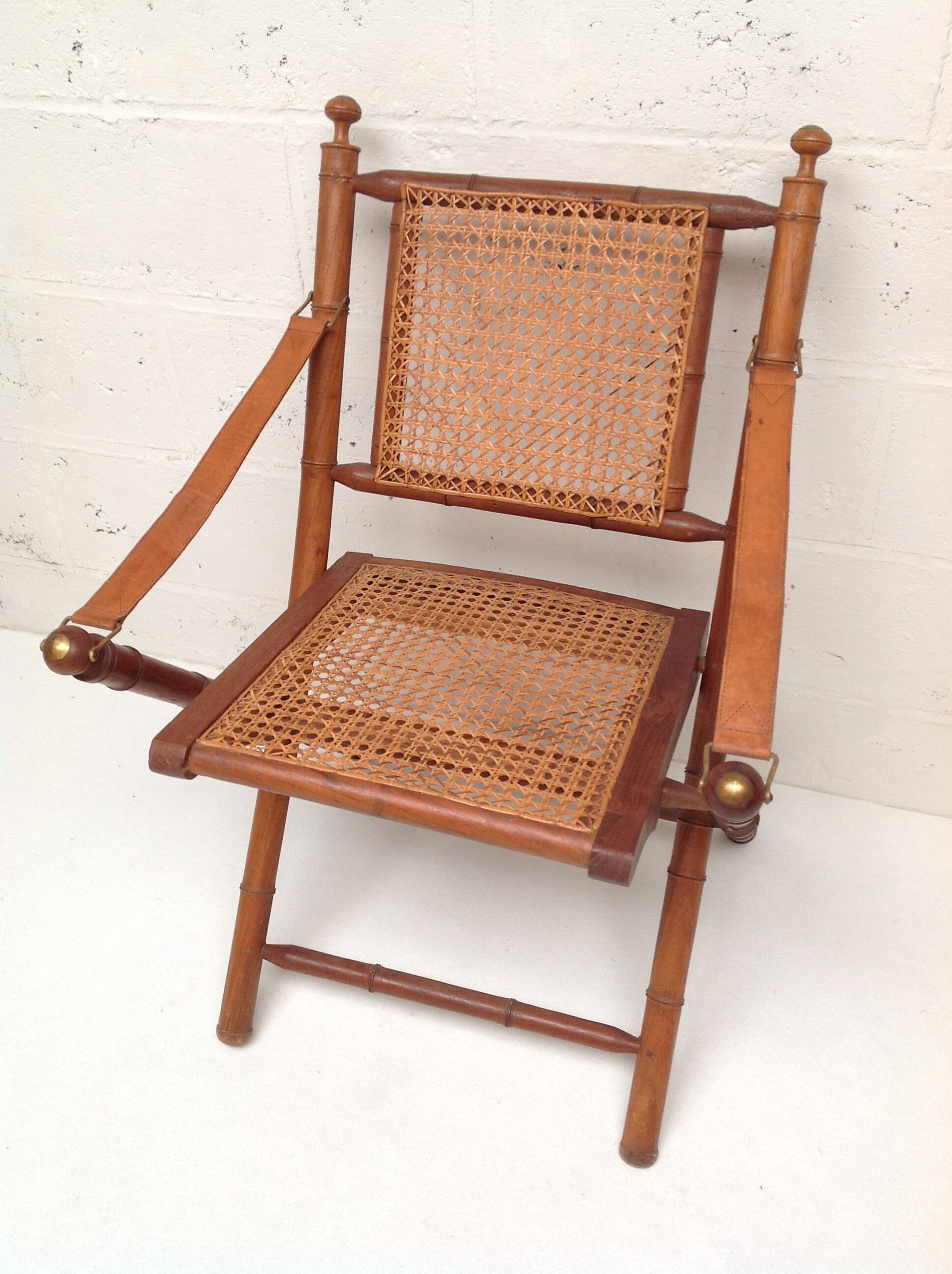Bamboo folding chair and canning, leather and brass