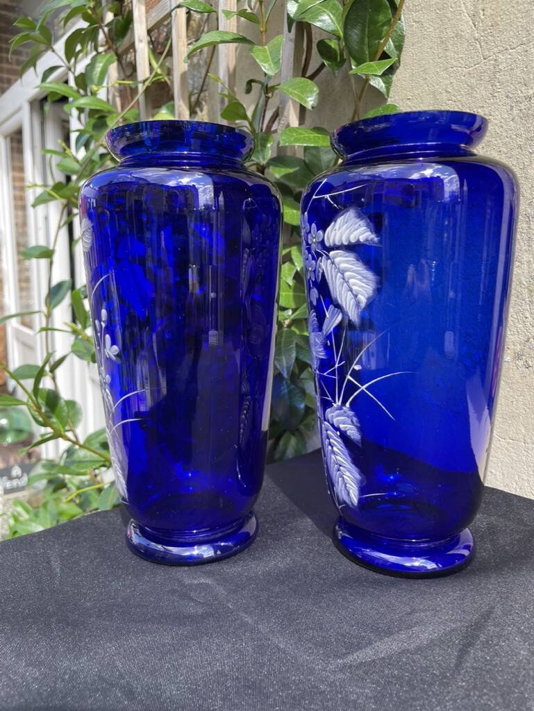 Pair of numbered white enamelled cobalt blue blown glass vases