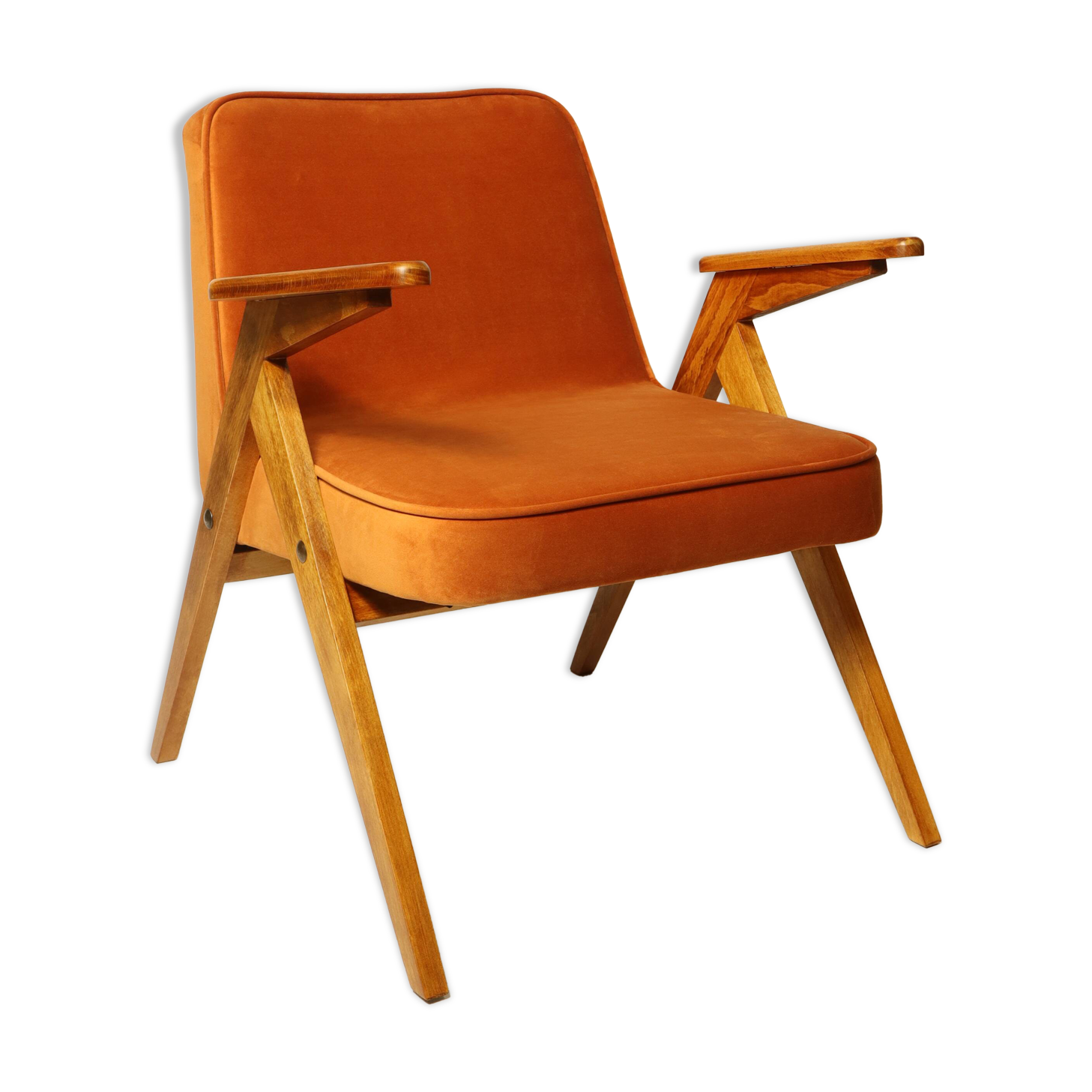 Vintage Lounge Chair Burt Orange by J. Chierowski, 1960, Scandinavian Design Velvet Fabric
