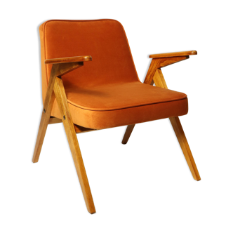 Vintage Lounge Chair Burt Orange by J. Chierowski, 1960, Scandinavian Design Velvet Fabric