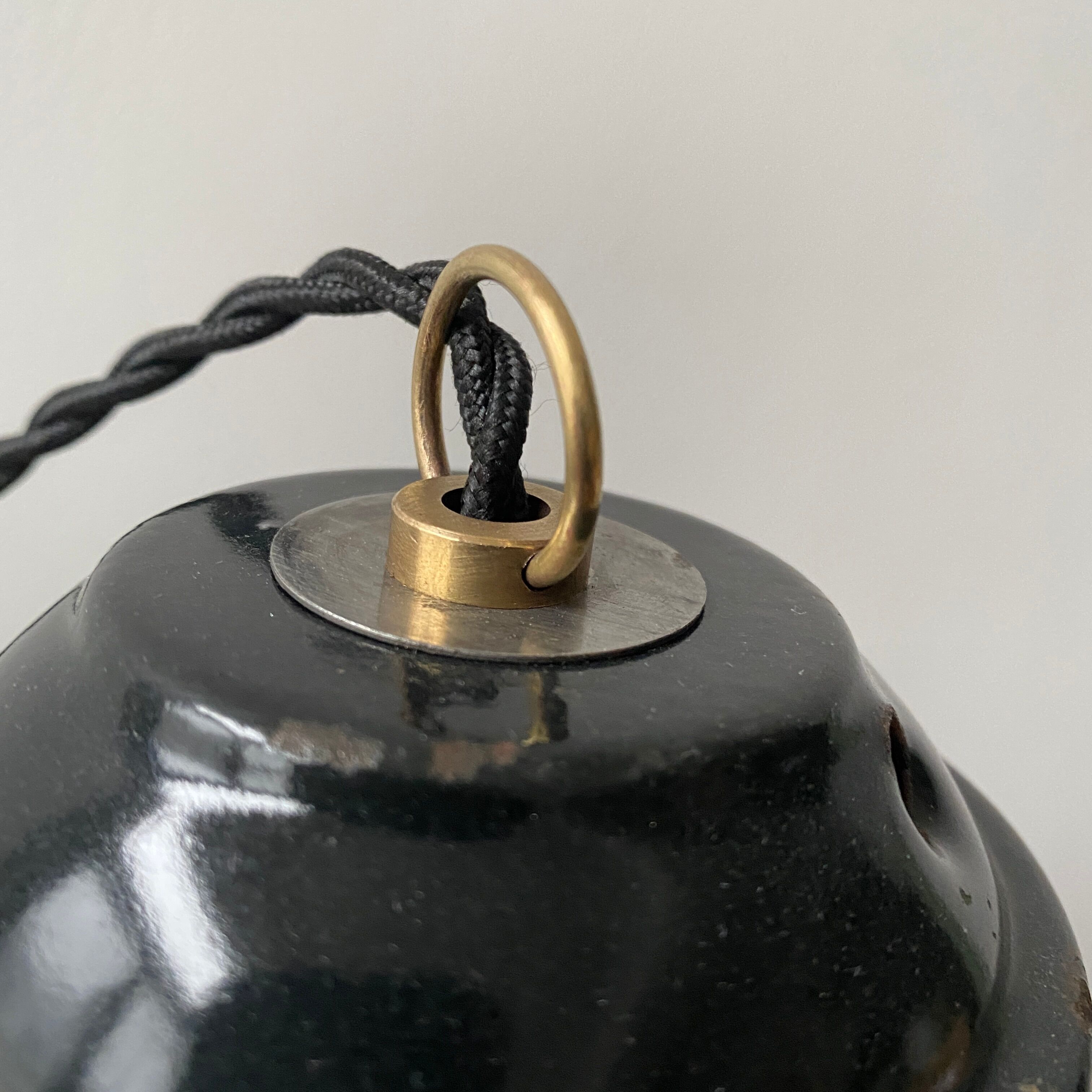 Old oval enamelled industrial hanging lamp
