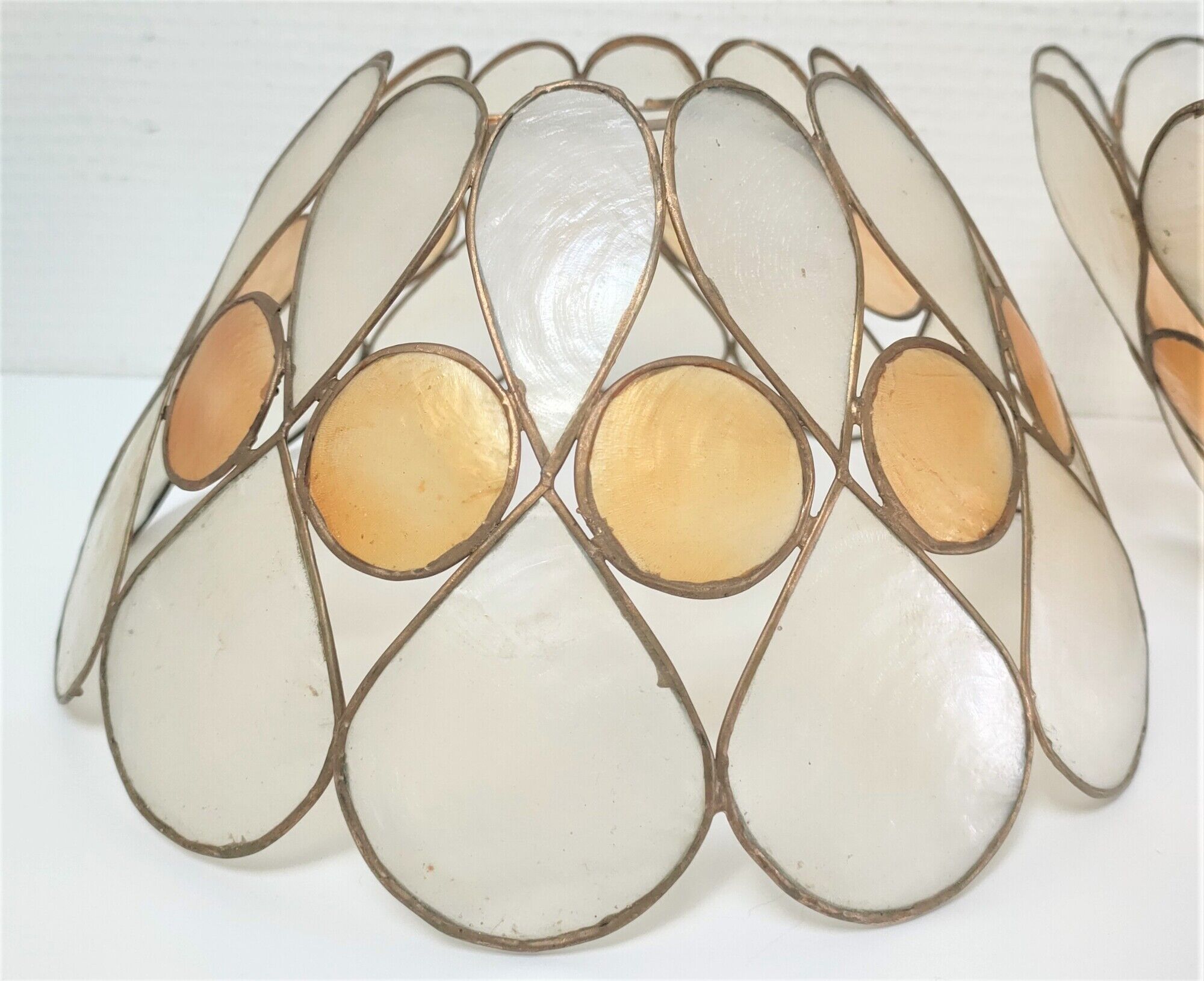 Pair of Capiz mother-of-pearl lampshade and vintage gilded metal