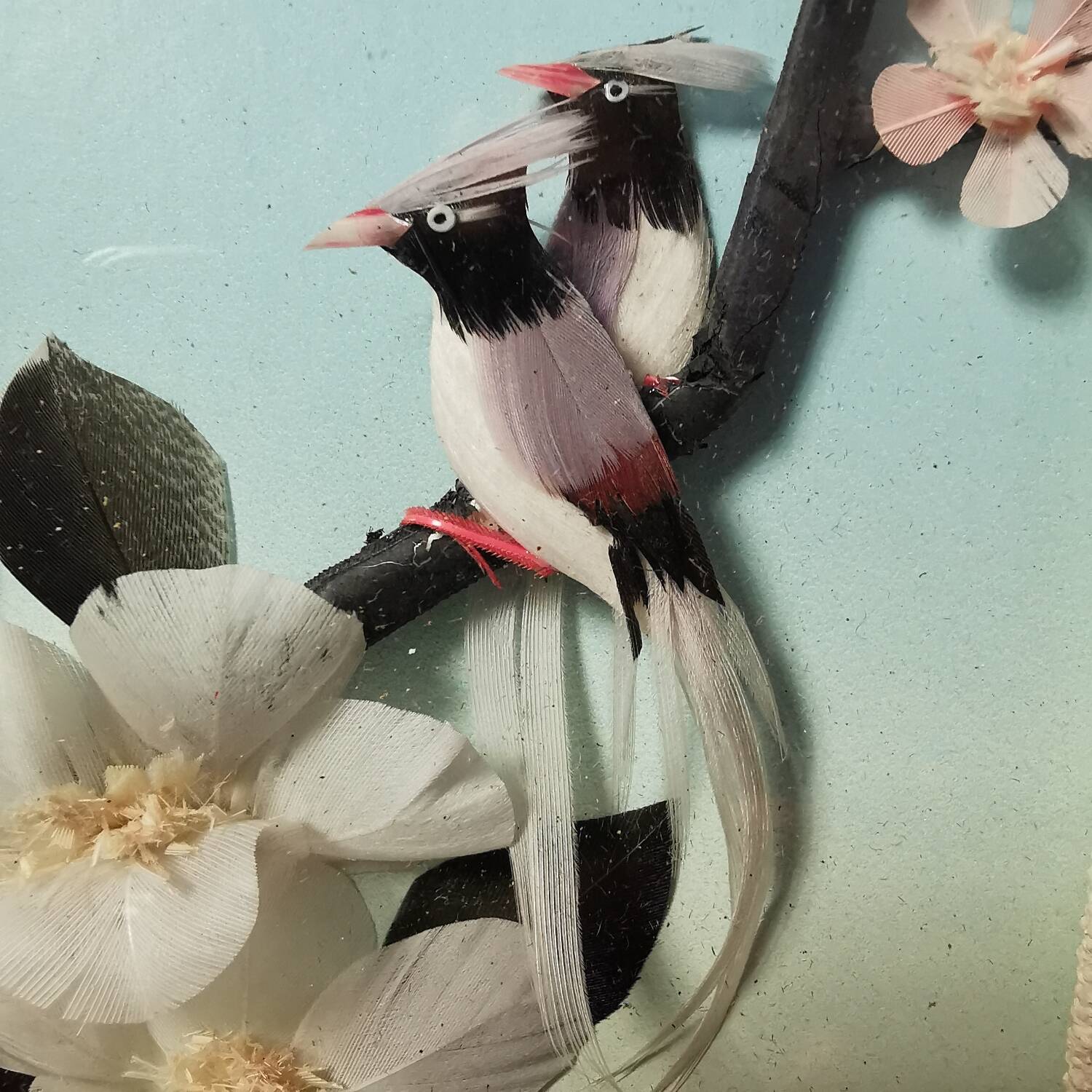 Adorable Pair of Asian Chinese Relief Bird Paintings Made in Vintage Feather