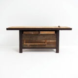 Brown painted workbench with shelf and drawers