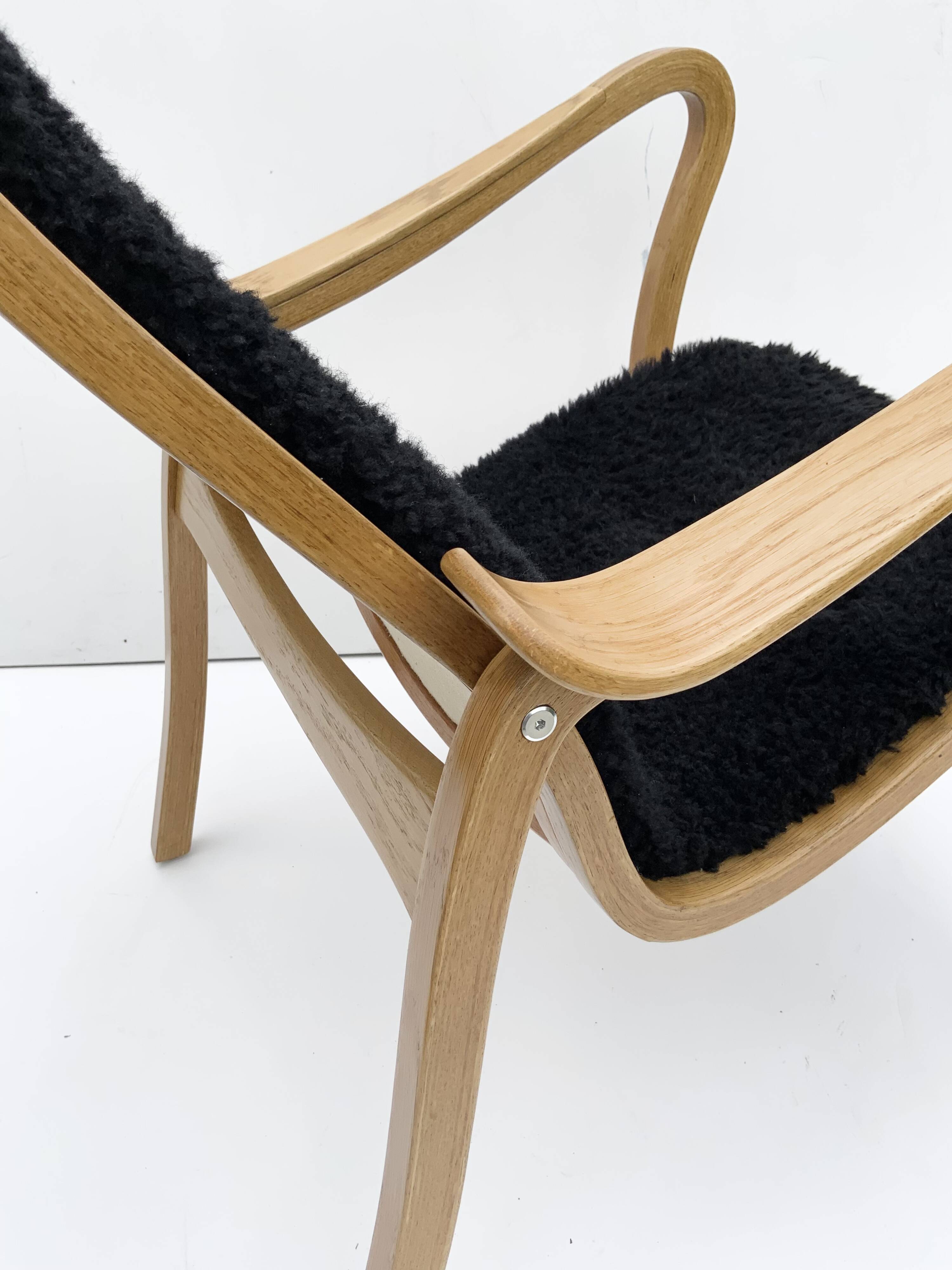 Vintage G.A. Berg “Torparen” Armchair, Oak, Black Sheepskin, Ottoman, 1960s