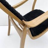 Vintage G.A. Berg “Torparen” Armchair, Oak, Black Sheepskin, Ottoman, 1960s