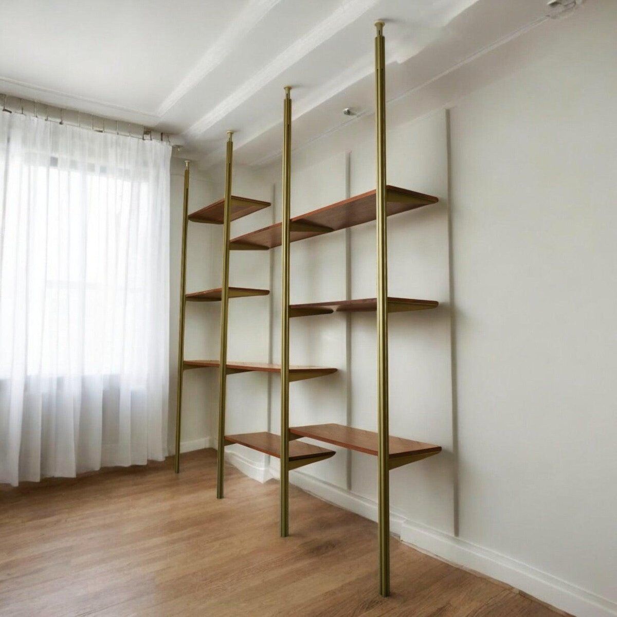 Tension pole free standing rose gold aluminum Omni wall unit by George Nelson