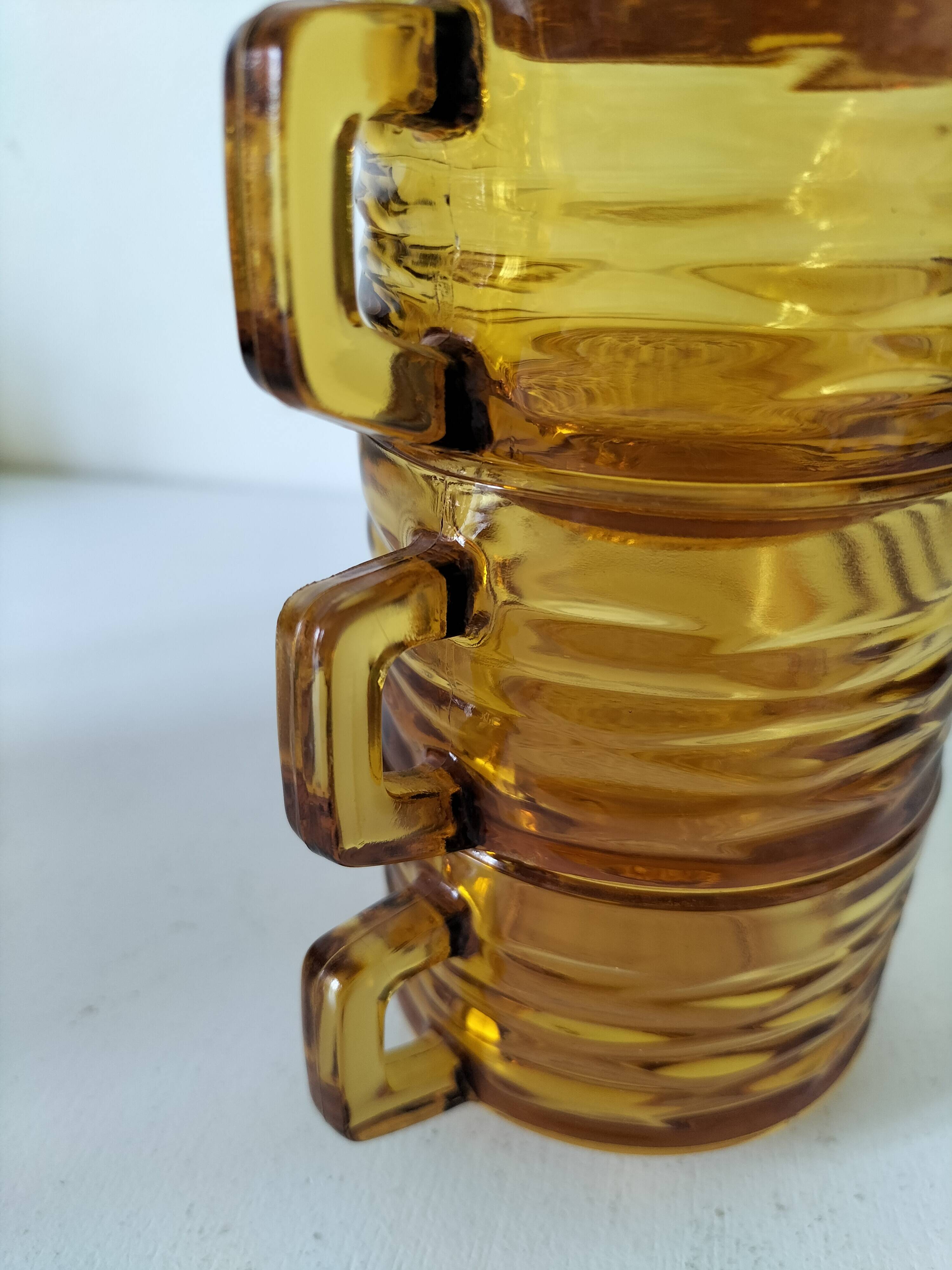Set of 4 vintage amber glass mugs with textured 70s design