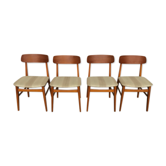 Lot of 4 Scandinavian chairs teak - beige fabrics 1950 1960 vintage design