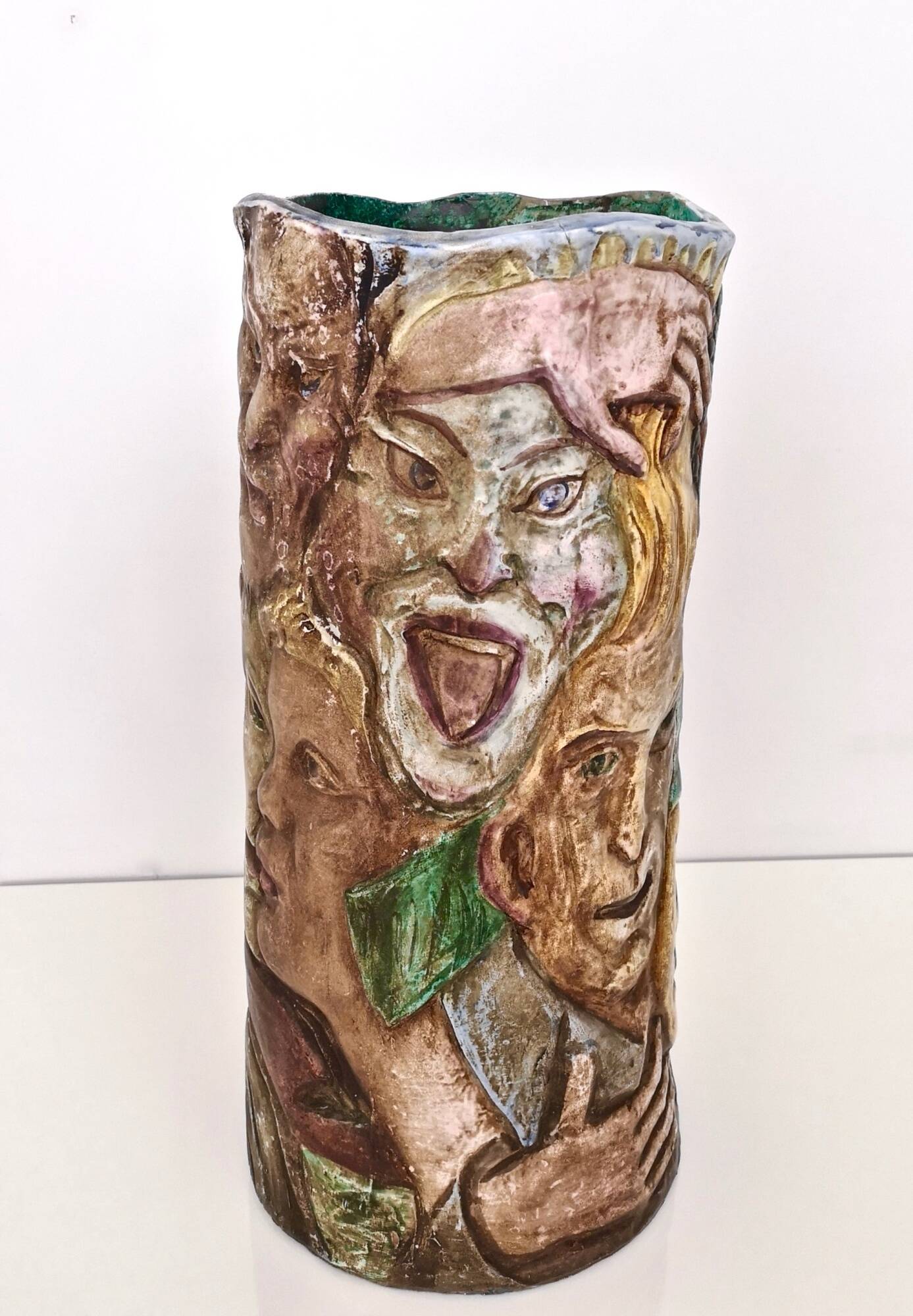 Unique Vintage Hand-Painted Vase with Faces Ascribable to Tullio d'Albisola