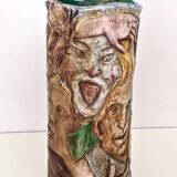 Unique Vintage Hand-Painted Vase with Faces Ascribable to Tullio d'Albisola