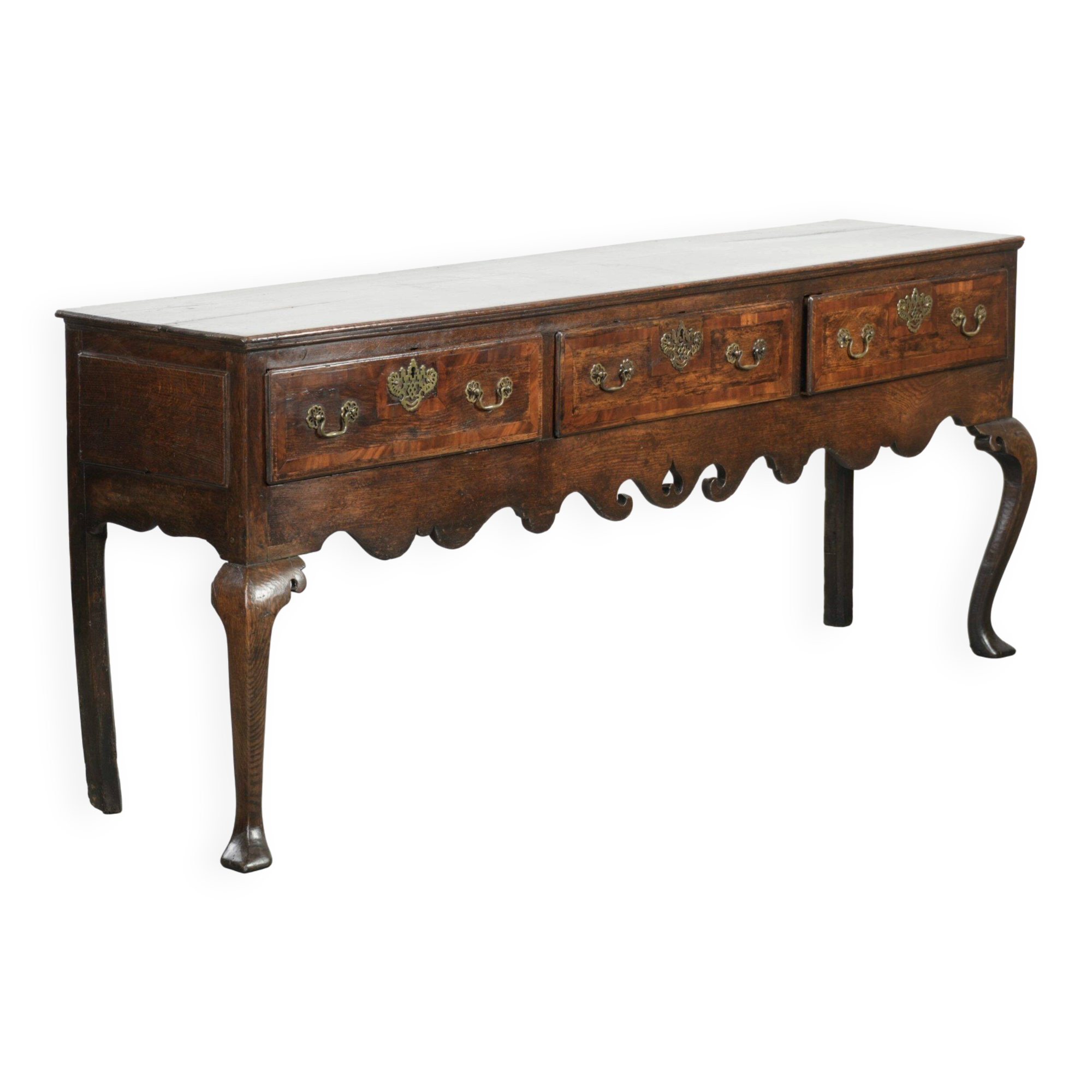 Large antique English oak sideboard from the 18th century with elegant legs