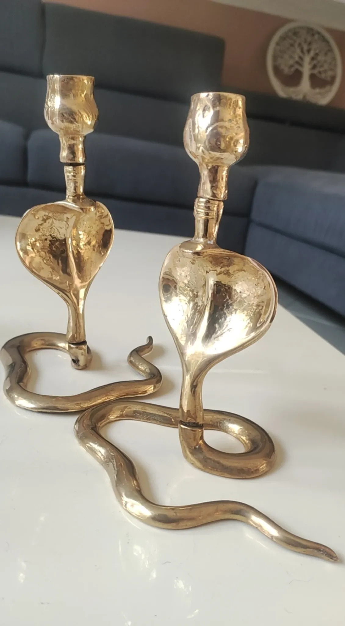 Pair of Antique Zoomorphic Cobra Candle Holders. In brass. India.