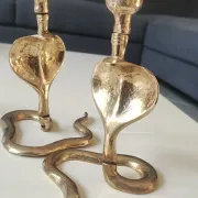 Pair of Antique Zoomorphic Cobra Candle Holders. In brass. India.