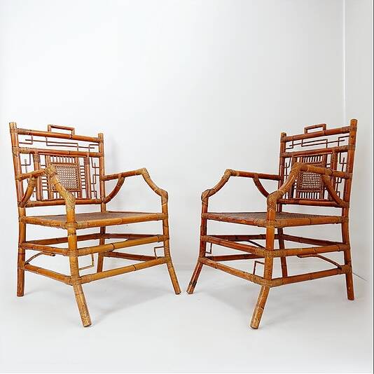 Pair of Asian style bamboo armchairs - France circa 1962