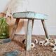 Tabouret de ferme en bois patine bleu vert