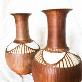 Pair of vintage Chinese porcelain vases circled with wicker