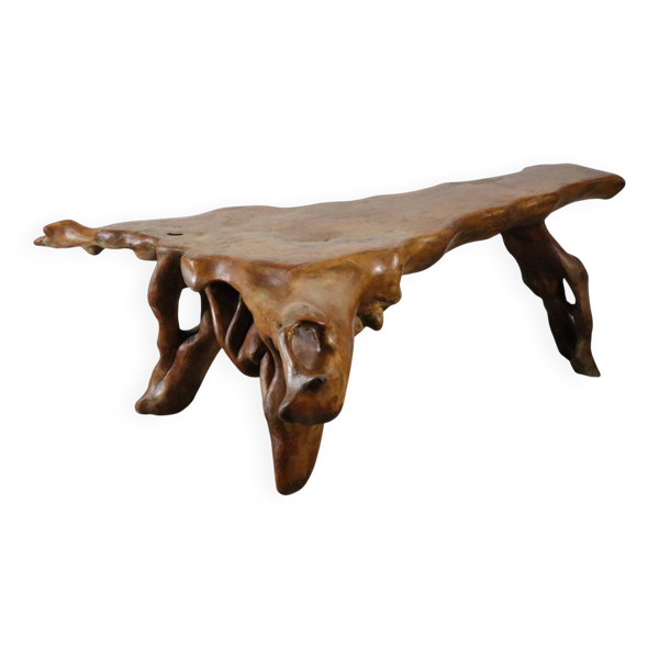 Table basse sculpturale ''Racine'' brutaliste en orme massif