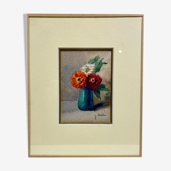Old painting, still life with flowers, signed, 80s