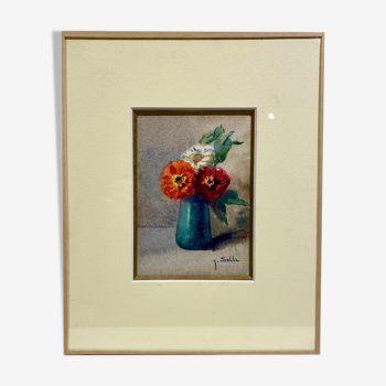 Tableau ancien, nature morte aux fleurs, signé, années 80