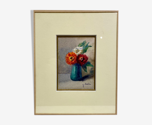 Tableau ancien, nature morte aux fleurs, signé, années 80