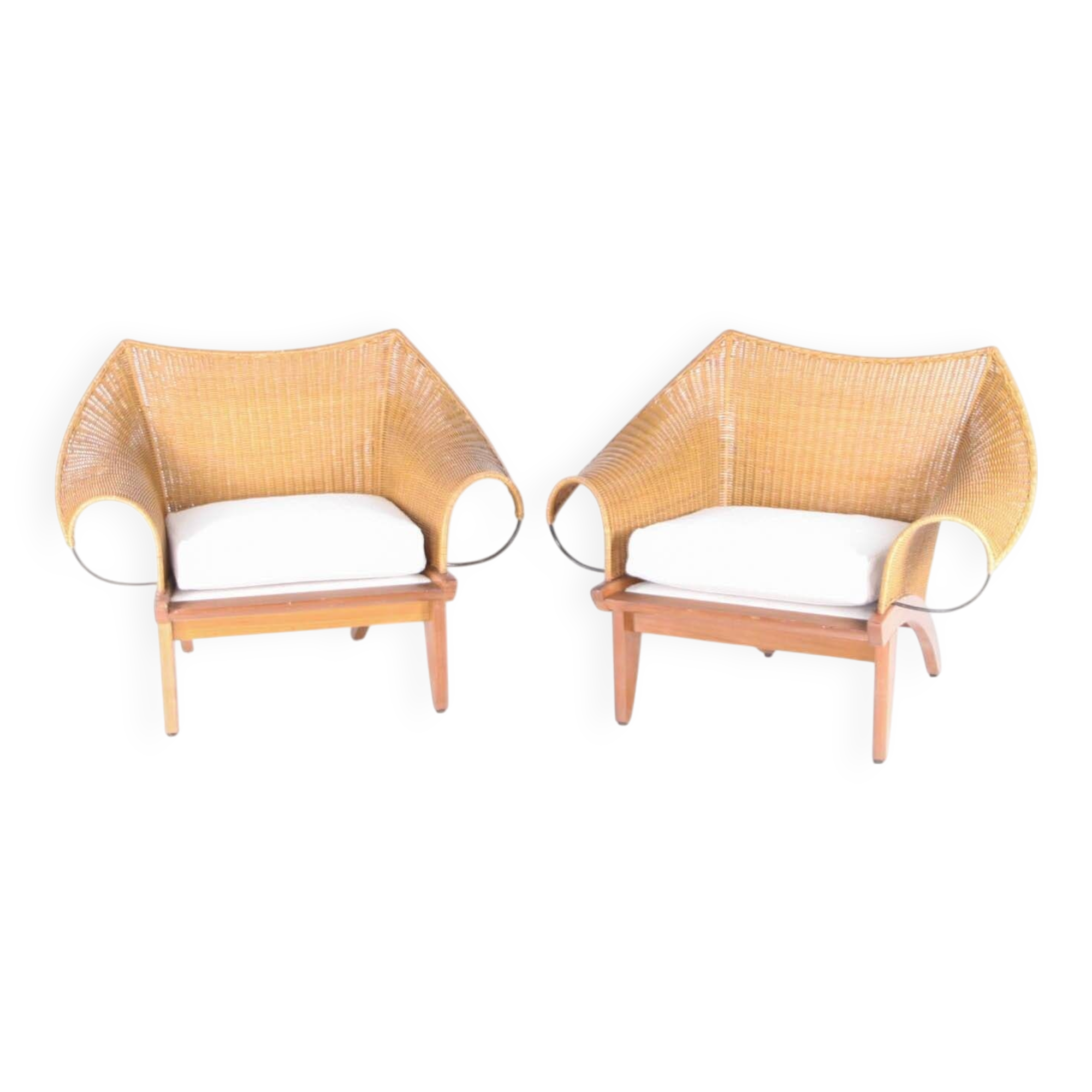 Pair of wooden and wicker armchairs