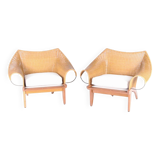 Pair of wooden and wicker armchairs