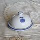 Small vintage white earthenware butter bell – Blue apple motif
