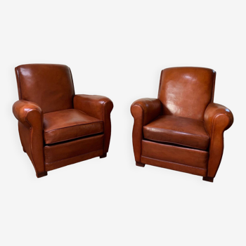 Pair of French, Leather Club Chairs, Havana Lounge Models Circa 1940's