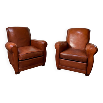 Pair of French, Leather Club Chairs, Havana Lounge Models Circa 1940's