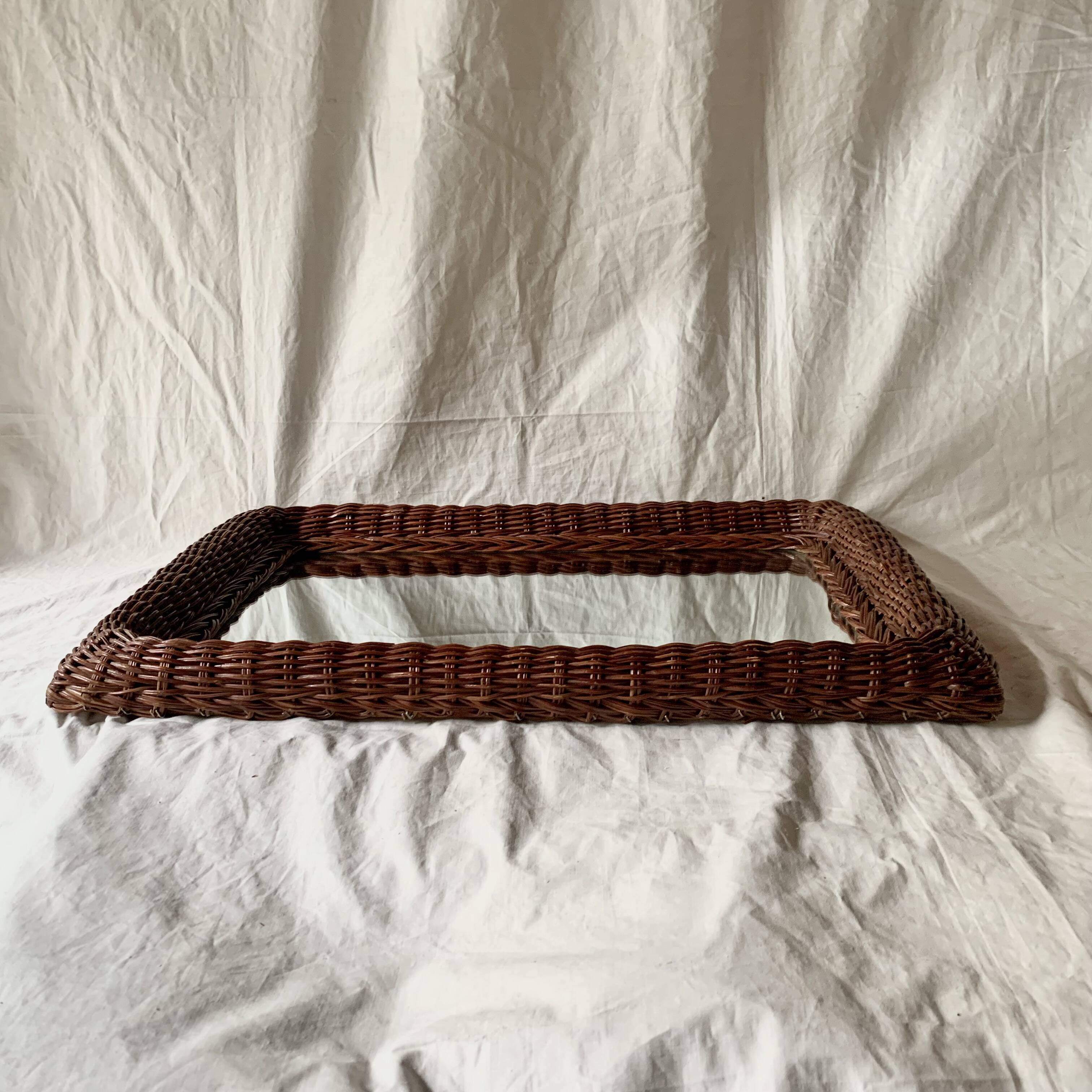 Vintage rectangular woven rattan wall mirror