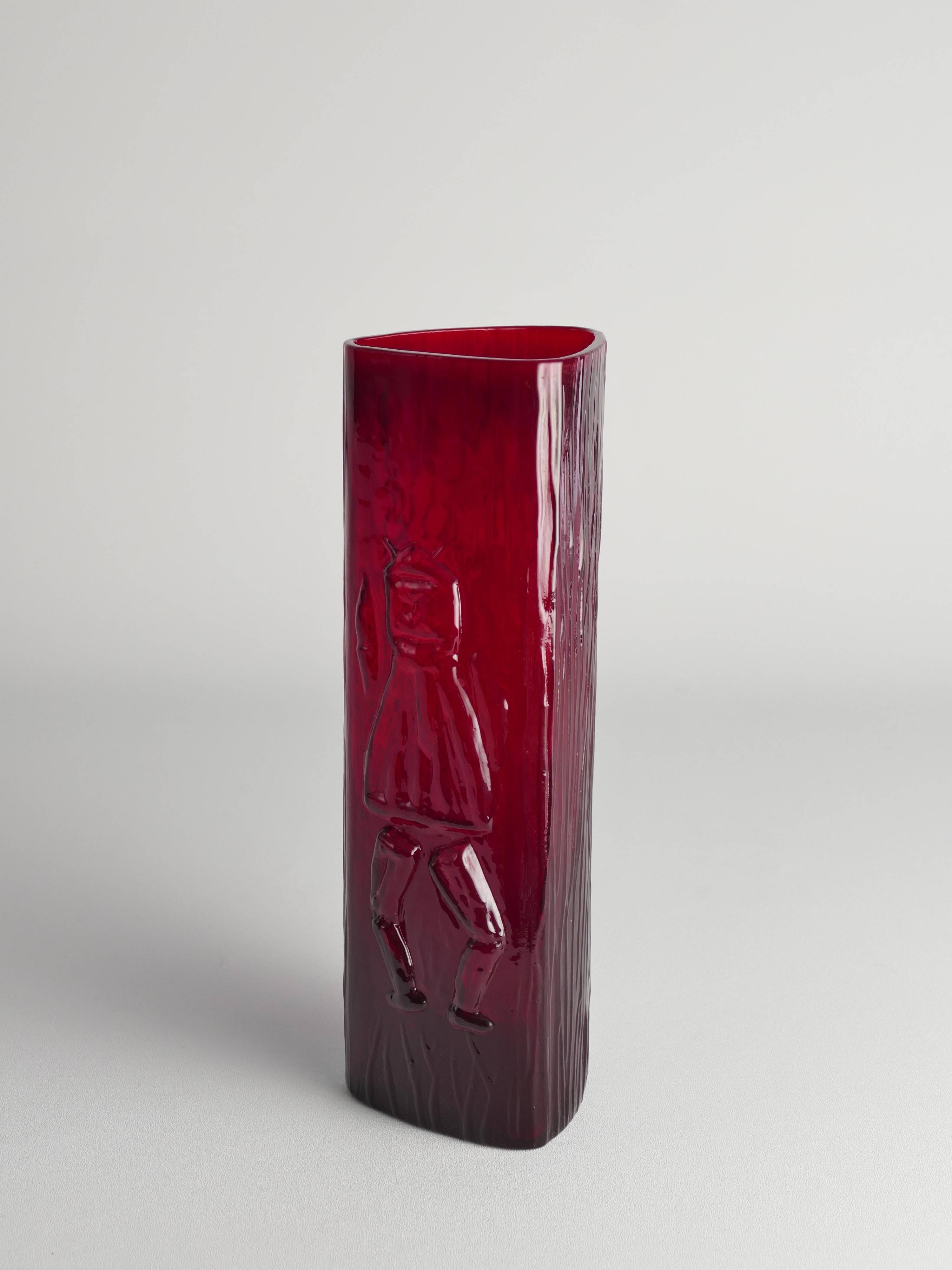 Swedish Red Devil Triangular Glass Vase by Christer Sjögren for Lindshammar