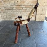 Vintage brutalist tripod chair in wood and leather