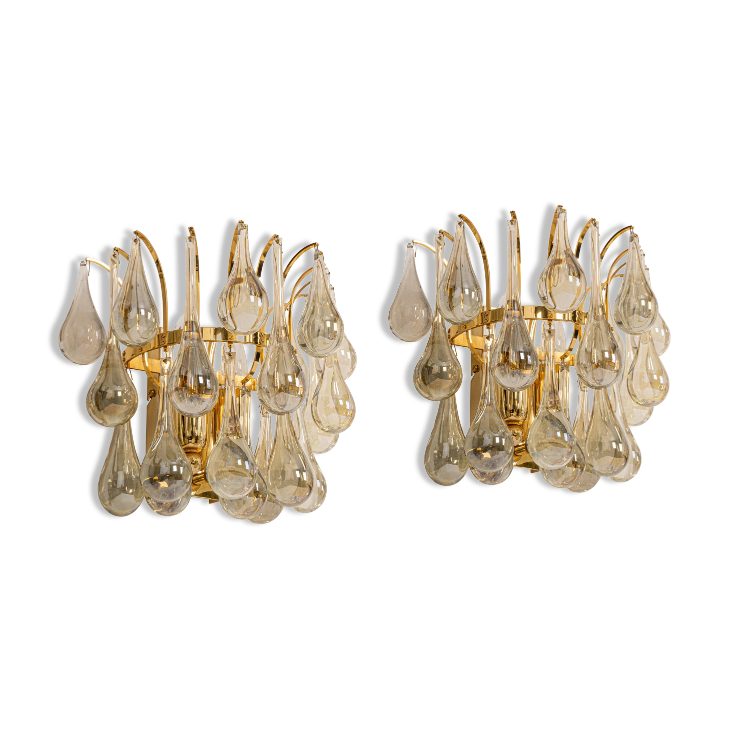 Large Pair of Gilded Brass and Crystal Wall Lights by Palwa, Germany, 1970s