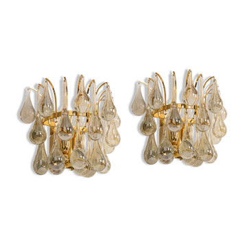Grande Paire d'Appliques en Laiton Doré et Cristal par Palwa, Allemagne, Années 1970