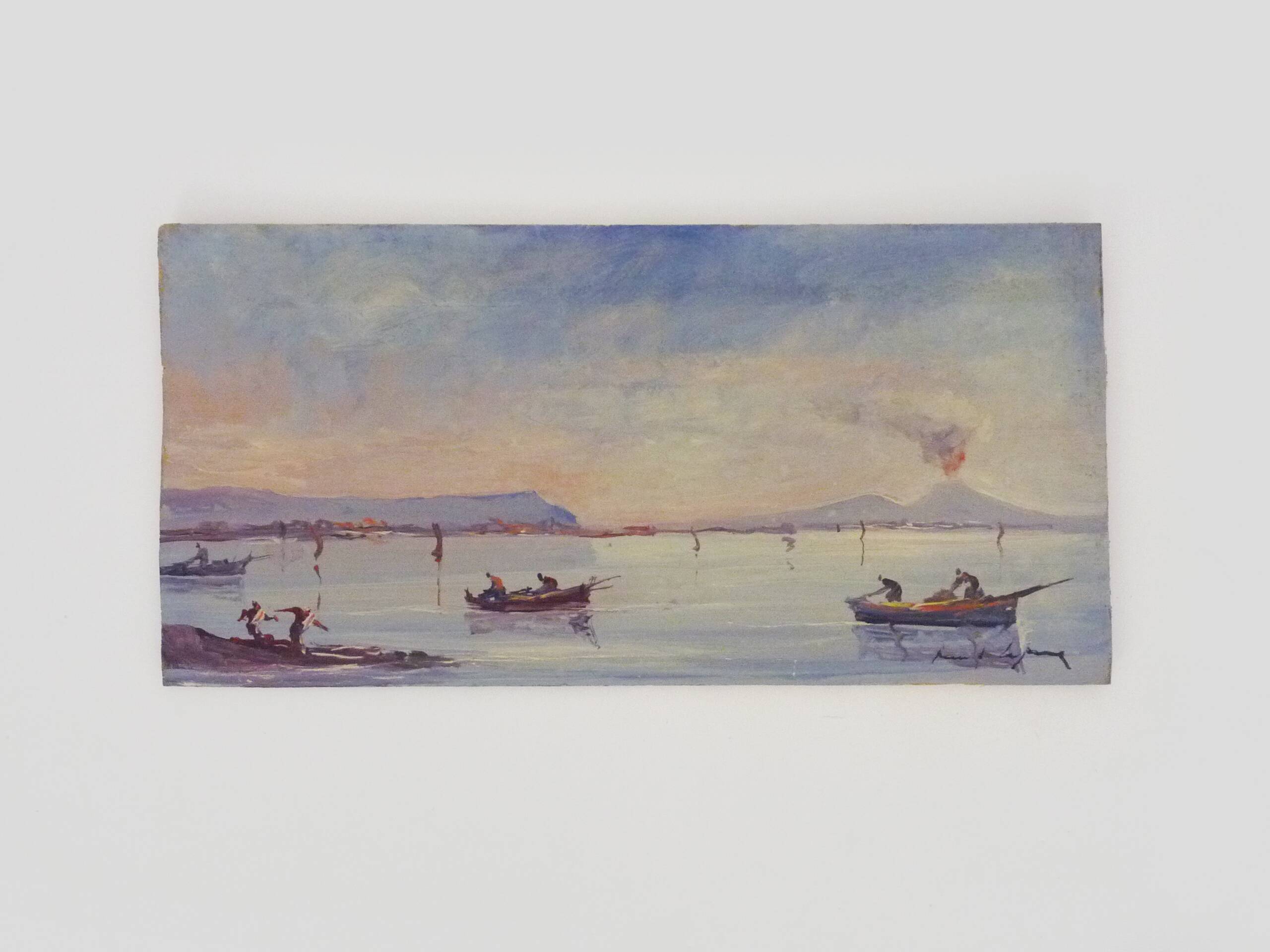 Oil on wood by Riccardo Capone fishermen Italy 50s 60s