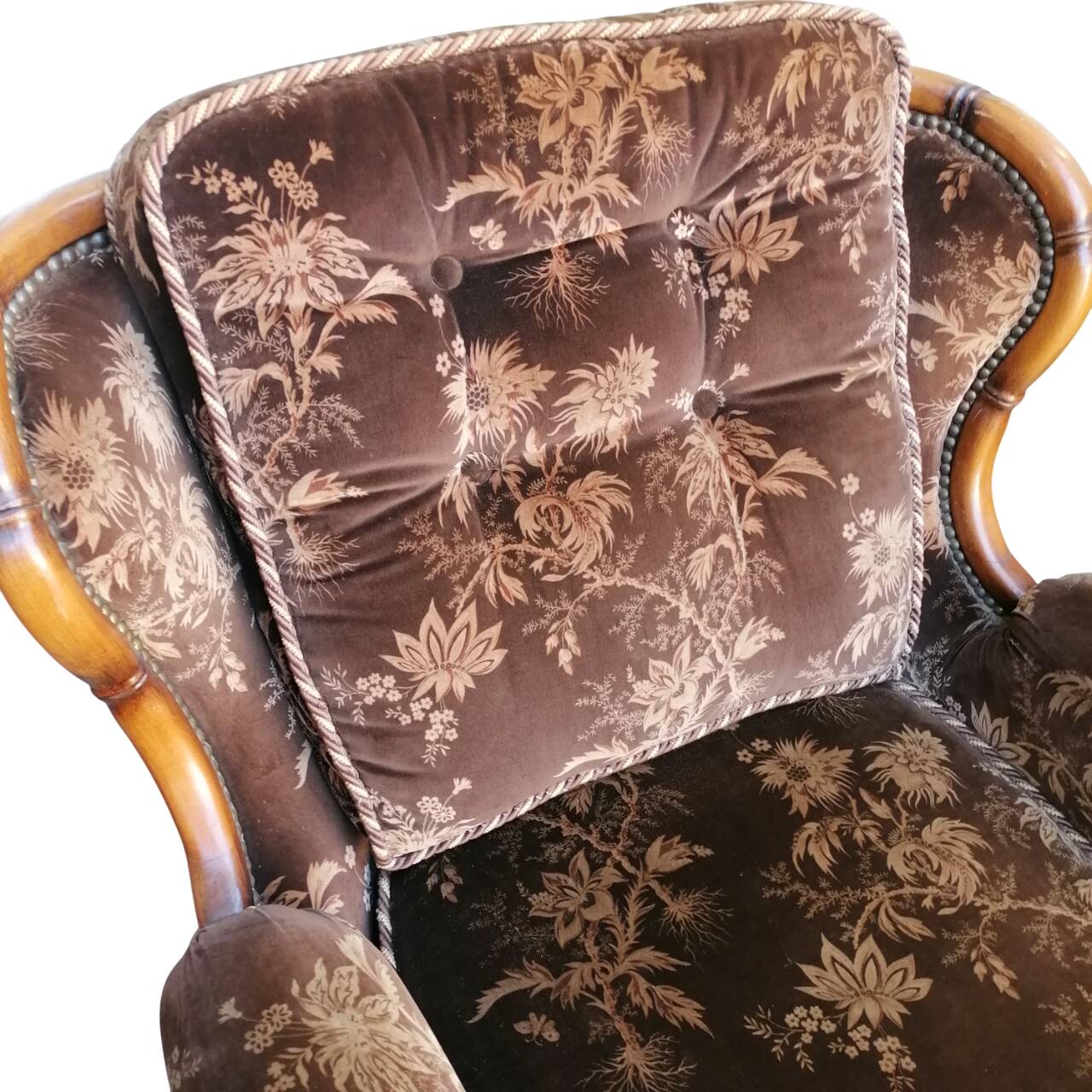 Poltrone bergère italiane in velluto e paglia di Vienna, anni '70, set di 2