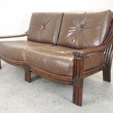 Mid century vintage boho 2-seater sofa with leather cushions