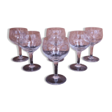 Set of engraved vintage flower balloon red wine glasses.