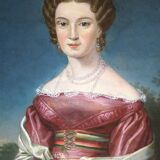 Élégant portrait de dame du XIXe siècle – Huile sur toile, cadre doré