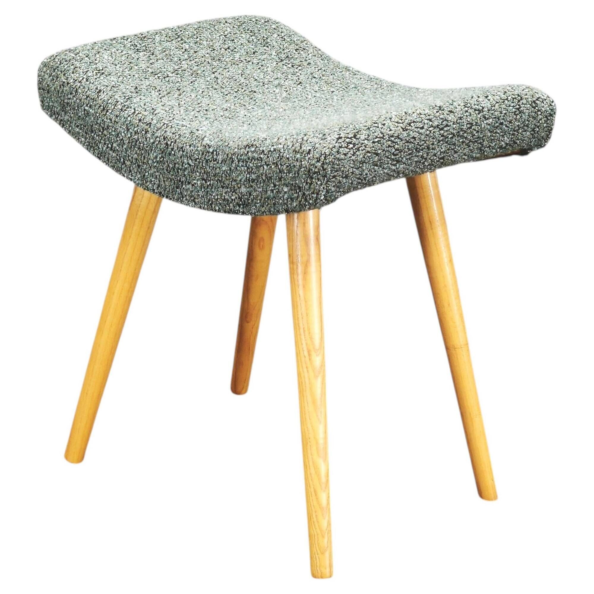 1960s Czech Mid-Century Modern Upholstered Stool with Beech Wood Legs