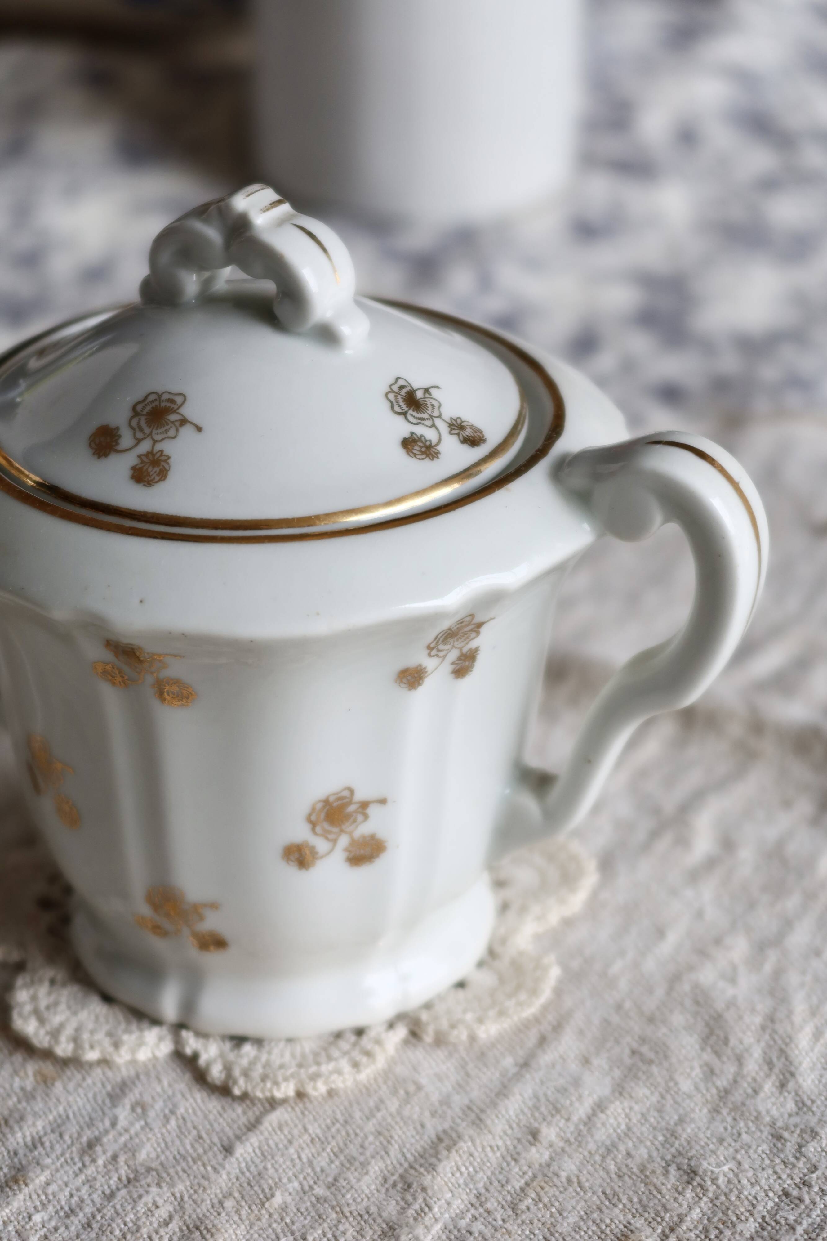 Antique PFC France porcelain sugar bowl with double handles – Gold floral decoration