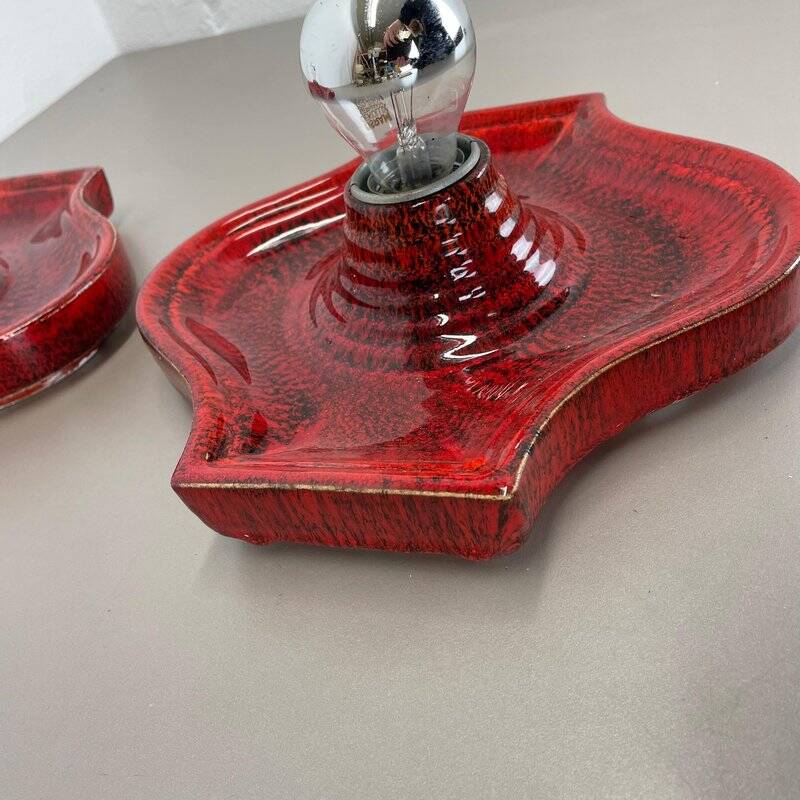 Red ceramic fat lava wall lamps by Hustadt Lights, Germany, 1970s, set of 2