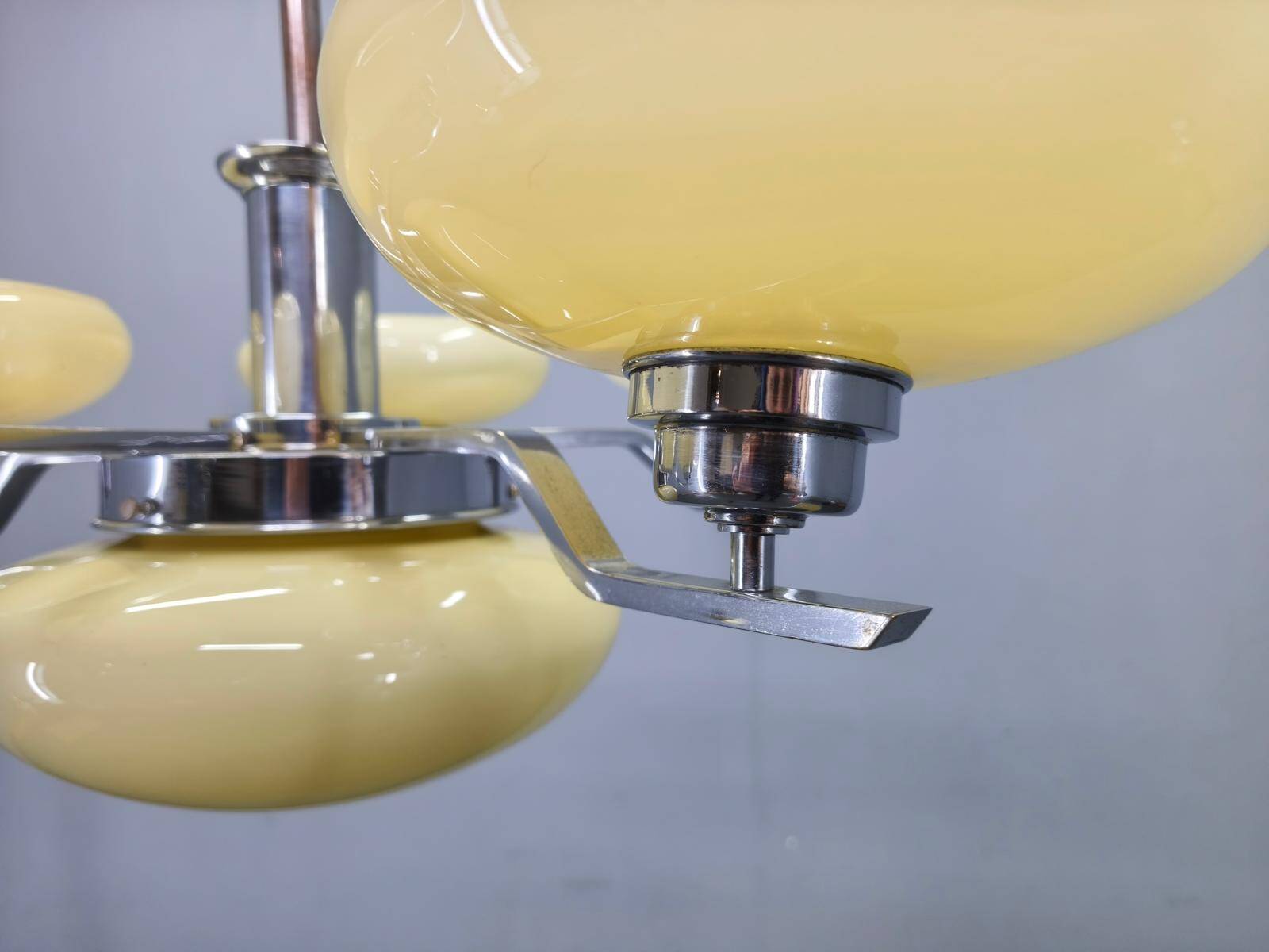 Art Deco Chrome Chandelier with Six Opaline Glass Shades, 1930s