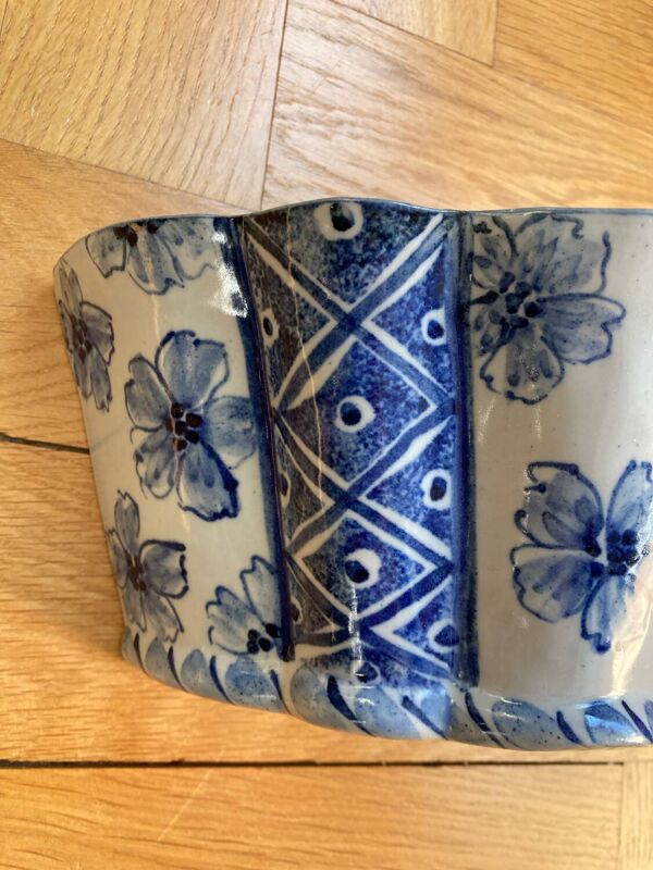 Paire de bouquetières en céramique - pique fleurs motifs floraux bleus