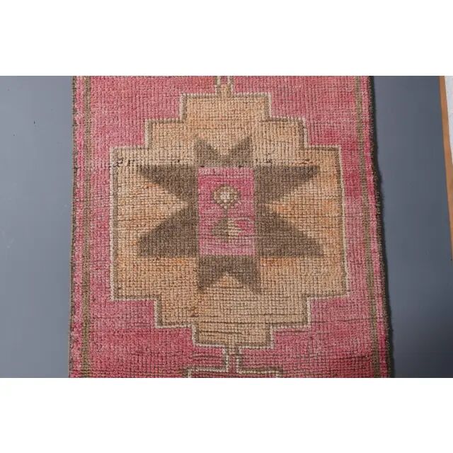 Vintage Turkish hand-knotted wool cotton pink runner rug 92x290