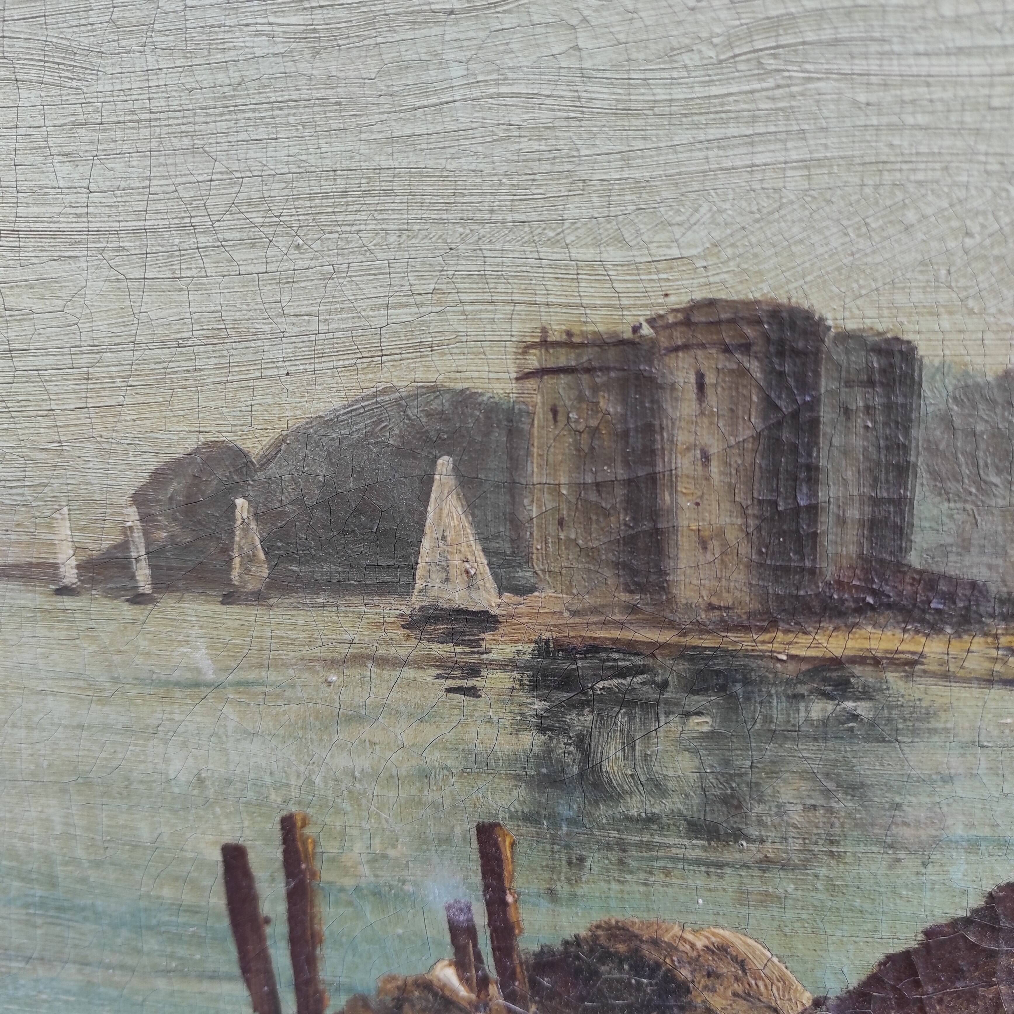 French vintage oil painting, signed Andreu. Chateau de St. Honorat