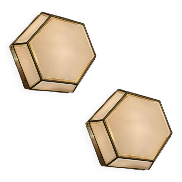 Lot de 2 appliques hexagonales en verre et laiton