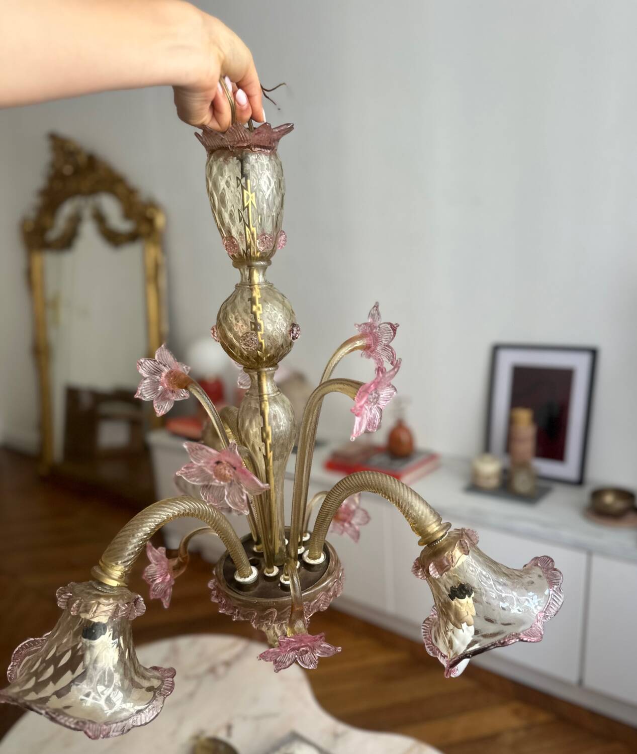 Murano glass chandelier Venetian flowers, circa 1950/1970 pink yellow