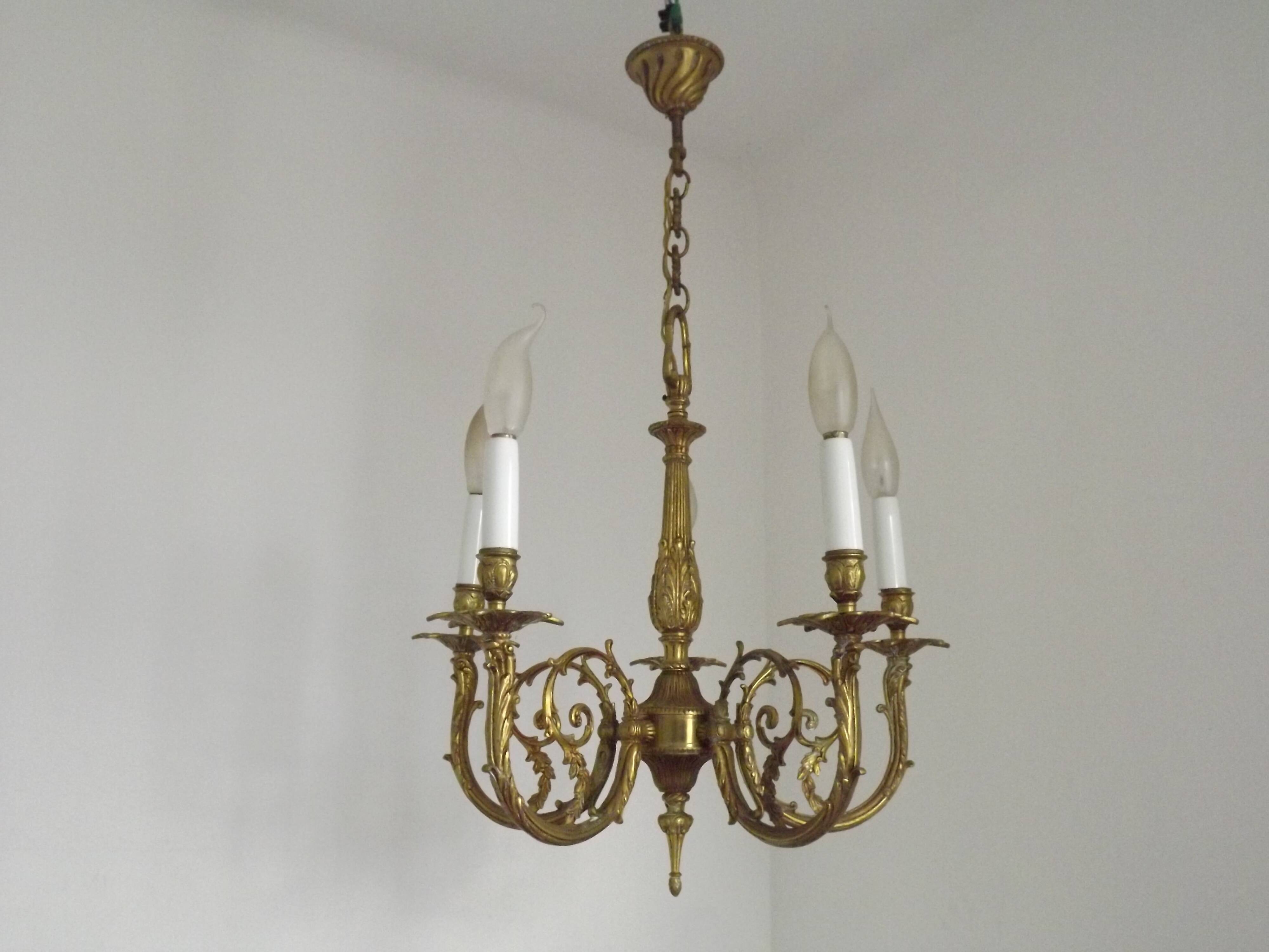 Elegant French Vintage Bronze 5-Light Art Nouveau Style Chandelier